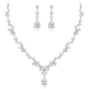 imageBriLove Gorgeous Wedding Jewelry Set for Women Bridal Cubic Zirconia Marquise Teardrop Leaf Cluster YNecklace Dangle Earrings Link BraceletClear