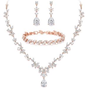 imageBriLove Gorgeous Wedding Jewelry Set for Women Bridal Cubic Zirconia Marquise Teardrop Leaf Cluster YNecklace Dangle Earrings Link BraceletClear RoseGoldTone
