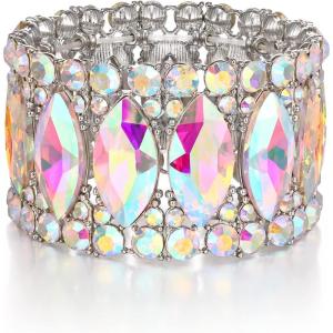 imageBriLove Wedding Bridal Elegant Crystal Double Row Rhinestones Marquise Cluster Stretch Bangle Bracelet for Bride02Iridescent AB SilverTone