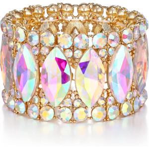 imageBriLove Wedding Bridal Elegant Crystal Double Row Rhinestones Marquise Cluster Stretch Bangle Bracelet for Bride04Iridescent AB GoldTone