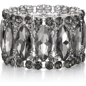 imageBriLove Wedding Bridal Elegant Crystal Double Row Rhinestones Marquise Cluster Stretch Bangle Bracelet for Bride05Grey SilverTone