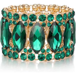 imageBriLove Wedding Bridal Elegant Crystal Double Row Rhinestones Marquise Cluster Stretch Bangle Bracelet for Bride07Emerald Color GoldTone