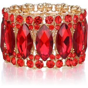 imageBriLove Wedding Bridal Elegant Crystal Double Row Rhinestones Marquise Cluster Stretch Bangle Bracelet for Bride08Ruby Color GoldTone