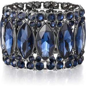 imageBriLove Wedding Bridal Elegant Crystal Double Row Rhinestones Marquise Cluster Stretch Bangle Bracelet for Bride10Sapphire Color GoldTone