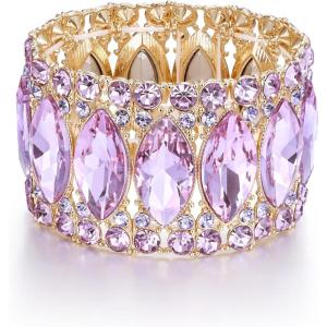 imageBriLove Wedding Bridal Elegant Crystal Double Row Rhinestones Marquise Cluster Stretch Bangle Bracelet for Bride11Light Purple GoldTone