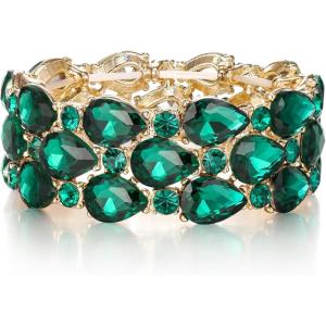imageBriLove Wedding Bridal Elegant Crystal Double Row Teardrop Cluster Stretch Bangle Bracelet for Bride1LayerEmerald Color