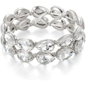 imageBriLove Wedding Bridal Elegant Crystal Double Row Teardrop Cluster Stretch Bangle Bracelet for BrideClear SilverTone
