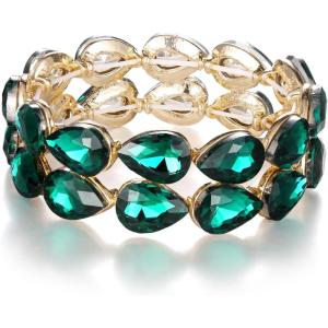 imageBriLove Wedding Bridal Elegant Crystal Double Row Teardrop Cluster Stretch Bangle Bracelet for BrideEmerald Color GoldTone