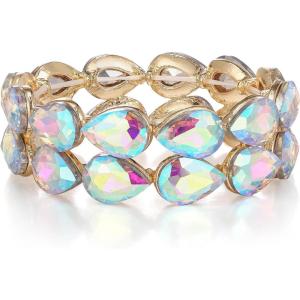 imageBriLove Wedding Bridal Elegant Crystal Double Row Teardrop Cluster Stretch Bangle Bracelet for BrideIridescent AB GoldTone