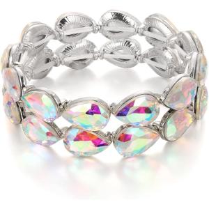 imageBriLove Wedding Bridal Elegant Crystal Double Row Teardrop Cluster Stretch Bangle Bracelet for BrideIridescent AB SilverTone