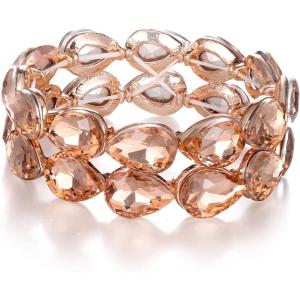 imageBriLove Wedding Bridal Elegant Crystal Double Row Teardrop Cluster Stretch Bangle Bracelet for BridePeach Morganite Color RoseGoldtone