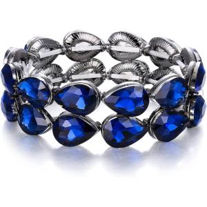 imageBriLove Wedding Bridal Elegant Crystal Double Row Teardrop Cluster Stretch Bangle Bracelet for BrideSapphire Color BlackTone
