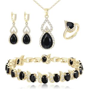 imageBriLove Wedding Jewelry Set for Women Bride Bridesmaid Gorgeous Cubic Zirconia Teardrop Necklace Earrings Bracelet Adjustable Ring Jewelry Gift for BirthdayAnniversaryMothers Day12Black GoldTone