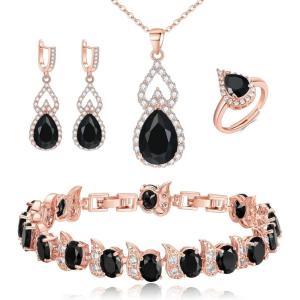 imageBriLove Wedding Jewelry Set for Women Bride Bridesmaid Gorgeous Cubic Zirconia Teardrop Necklace Earrings Bracelet Adjustable Ring Jewelry Gift for BirthdayAnniversaryMothers Day13Black RoseGoldTone
