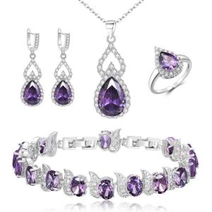 imageBriLove Wedding Jewelry Set for Women Bride Bridesmaid Gorgeous Cubic Zirconia Teardrop Necklace Earrings Bracelet Adjustable Ring Jewelry Gift for BirthdayAnniversaryMothers Day08Purple SilverTone