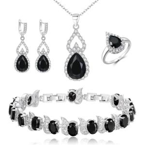 imageBriLove Wedding Jewelry Set for Women Bride Bridesmaid Gorgeous Cubic Zirconia Teardrop Necklace Earrings Bracelet Adjustable Ring Jewelry Gift for BirthdayAnniversaryMothers Day11Black SilverTone