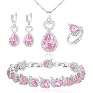 imageBriLove Wedding Jewelry Set for Women Bride Bridesmaid Gorgeous Cubic Zirconia Teardrop Necklace Earrings Bracelet Adjustable Ring Jewelry Gift for BirthdayAnniversaryMothers DayHeartPink