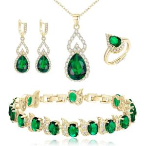 imageBriLove Wedding Jewelry Set for Women Bride Bridesmaid Gorgeous Cubic Zirconia Teardrop Necklace Earrings Bracelet Adjustable Ring Jewelry Gift for BirthdayAnniversaryMothers Day03Emerald Color GoldTone