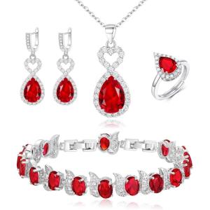 imageBriLove Wedding Jewelry Set for Women Bride Bridesmaid Gorgeous Cubic Zirconia Teardrop Necklace Earrings Bracelet Adjustable Ring Jewelry Gift for BirthdayAnniversaryMothers DayHeartRuby Color
