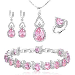 imageBriLove Wedding Jewelry Set for Women Bride Bridesmaid Gorgeous Cubic Zirconia Teardrop Necklace Earrings Bracelet Adjustable Ring Jewelry Gift for BirthdayAnniversaryMothers Day14Pink SilverTone