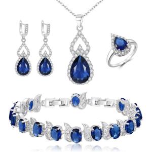 imageBriLove Wedding Jewelry Set for Women Bride Bridesmaid Gorgeous Cubic Zirconia Teardrop Necklace Earrings Bracelet Adjustable Ring Jewelry Gift for BirthdayAnniversaryMothers Day06Sapphire Color SilverTone
