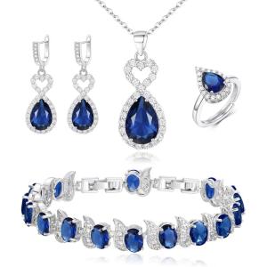 imageBriLove Wedding Jewelry Set for Women Bride Bridesmaid Gorgeous Cubic Zirconia Teardrop Necklace Earrings Bracelet Adjustable Ring Jewelry Gift for BirthdayAnniversaryMothers DayHeartSapphire Color