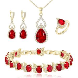 imageBriLove Wedding Jewelry Set for Women Bride Bridesmaid Gorgeous Cubic Zirconia Teardrop Necklace Earrings Bracelet Adjustable Ring Jewelry Gift for BirthdayAnniversaryMothers Day10Ruby Color GoldTone