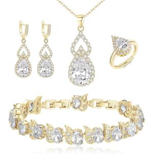 imageBriLove Wedding Jewelry Set for Women Bride Bridesmaid Gorgeous Cubic Zirconia Teardrop Necklace Earrings Bracelet Adjustable Ring Jewelry Gift for BirthdayAnniversaryMothers Day01Clear GoldTone