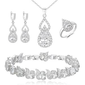 imageBriLove Wedding Jewelry Set for Women Bride Bridesmaid Gorgeous Cubic Zirconia Teardrop Necklace Earrings Bracelet Adjustable Ring Jewelry Gift for BirthdayAnniversaryMothers Day02Clear SilverTone