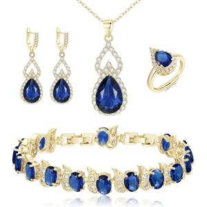 imageBriLove Wedding Jewelry Set for Women Bride Bridesmaid Gorgeous Cubic Zirconia Teardrop Necklace Earrings Bracelet Adjustable Ring Jewelry Gift for BirthdayAnniversaryMothers Day05Sapphire Color GoldTone