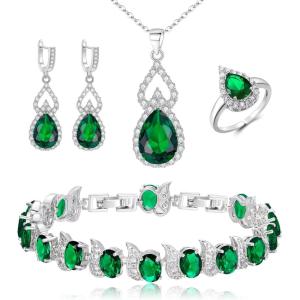 imageBriLove Wedding Jewelry Set for Women Bride Bridesmaid Gorgeous Cubic Zirconia Teardrop Necklace Earrings Bracelet Adjustable Ring Jewelry Gift for BirthdayAnniversaryMothers Day04Emerald Color SilverTone