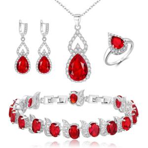 imageBriLove Wedding Jewelry Set for Women Bride Bridesmaid Gorgeous Cubic Zirconia Teardrop Necklace Earrings Bracelet Adjustable Ring Jewelry Gift for BirthdayAnniversaryMothers Day09Ruby Color SilverTone
