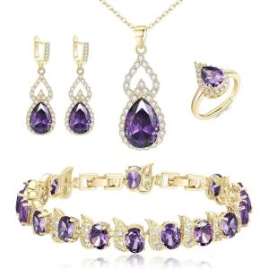 imageBriLove Wedding Jewelry Set for Women Bride Bridesmaid Gorgeous Cubic Zirconia Teardrop Necklace Earrings Bracelet Adjustable Ring Jewelry Gift for BirthdayAnniversaryMothers Day07Purple GoldTone