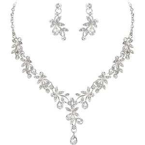 imageBriLove Wedding Jewelry Set for Women Bride YNecklace Dangle Earrings Crystal Teardrop Leaf Flower Cluster Bridal Bridesmaid01Clear