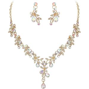 imageBriLove Wedding Jewelry Set for Women Bride YNecklace Dangle Earrings Crystal Teardrop Leaf Flower Cluster Bridal Bridesmaid02Iridescent AB