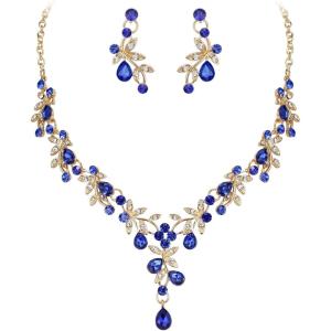 imageBriLove Wedding Jewelry Set for Women Bride YNecklace Dangle Earrings Crystal Teardrop Leaf Flower Cluster Bridal Bridesmaid03Blue