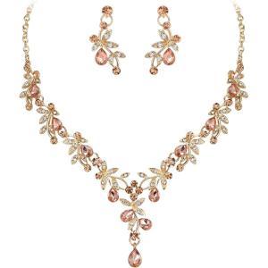 imageBriLove Wedding Jewelry Set for Women Bride YNecklace Dangle Earrings Crystal Teardrop Leaf Flower Cluster Bridal Bridesmaid04Champagne