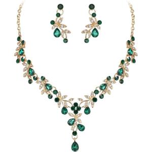 imageBriLove Wedding Jewelry Set for Women Bride YNecklace Dangle Earrings Crystal Teardrop Leaf Flower Cluster Bridal Bridesmaid05Emerald Color