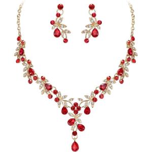imageBriLove Wedding Jewelry Set for Women Bride YNecklace Dangle Earrings Crystal Teardrop Leaf Flower Cluster Bridal Bridesmaid06Ruby Color GoldTone