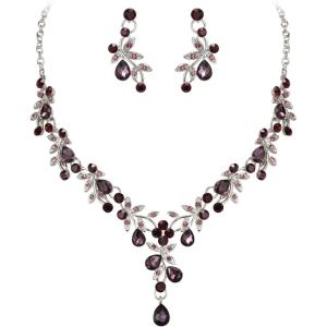 imageBriLove Wedding Jewelry Set for Women Bride YNecklace Dangle Earrings Crystal Teardrop Leaf Flower Cluster Bridal Bridesmaid07Purple