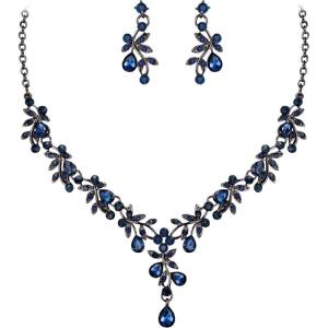 imageBriLove Wedding Jewelry Set for Women Bride YNecklace Dangle Earrings Crystal Teardrop Leaf Flower Cluster Bridal Bridesmaid08Sapphire Color