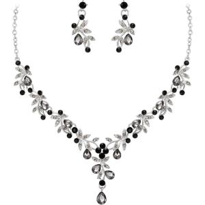 imageBriLove Wedding Jewelry Set for Women Bride YNecklace Dangle Earrings Crystal Teardrop Leaf Flower Cluster Bridal Bridesmaid09Grey