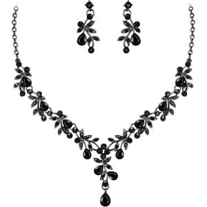 imageBriLove Wedding Jewelry Set for Women Bride YNecklace Dangle Earrings Crystal Teardrop Leaf Flower Cluster Bridal Bridesmaid10Black