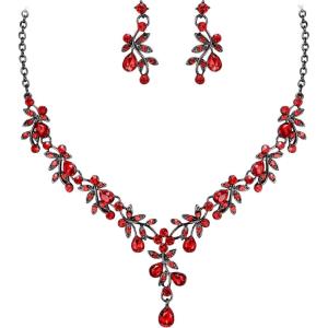 imageBriLove Wedding Jewelry Set for Women Bride YNecklace Dangle Earrings Crystal Teardrop Leaf Flower Cluster Bridal Bridesmaid11Ruby Color