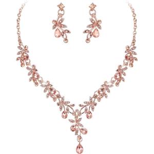 imageBriLove Wedding Jewelry Set for Women Bride YNecklace Dangle Earrings Crystal Teardrop Leaf Flower Cluster Bridal Bridesmaid12Peach