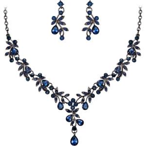imageBriLove Wedding Jewelry Set for Women Bride YNecklace Dangle Earrings Crystal Teardrop Leaf Flower Cluster Bridal BridesmaidSapphire Color SilverTone