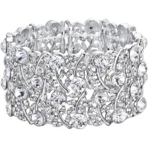 imageBriLove Womens Wedding Bridal Crystal Cluster Tennis Stretch BraceletSilverTone