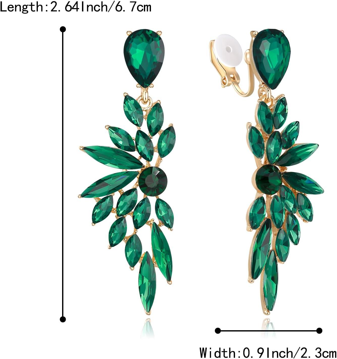 imageBriLove Clipon Earrings for WomenGorgeous Shiny Rhinestones Marquise Cluster Leaf Drop Earring for Wedding Party Prom Jewelry AccessoriesEmerald Color GoldTone