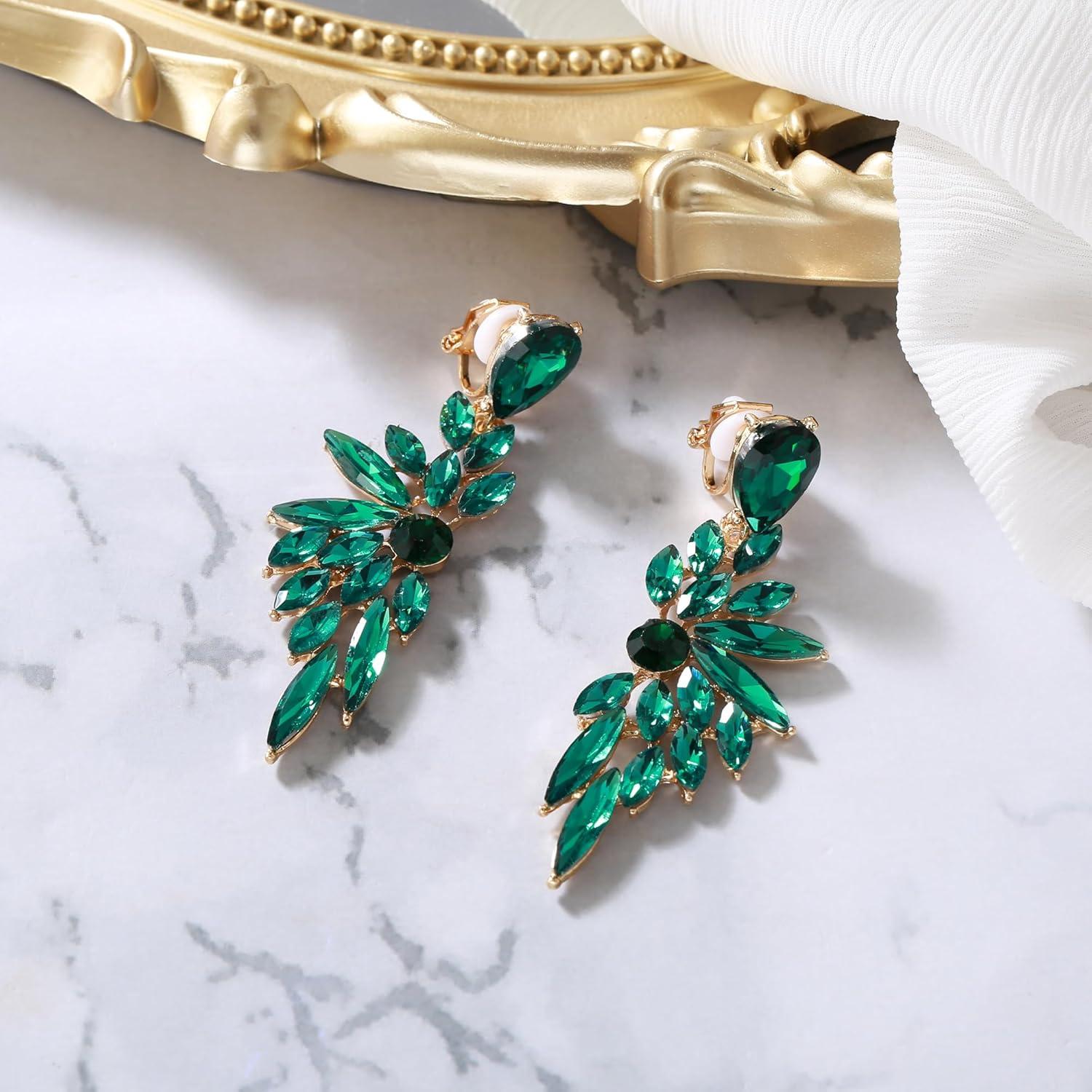 imageBriLove Clipon Earrings for WomenGorgeous Shiny Rhinestones Marquise Cluster Leaf Drop Earring for Wedding Party Prom Jewelry AccessoriesEmerald Color GoldTone