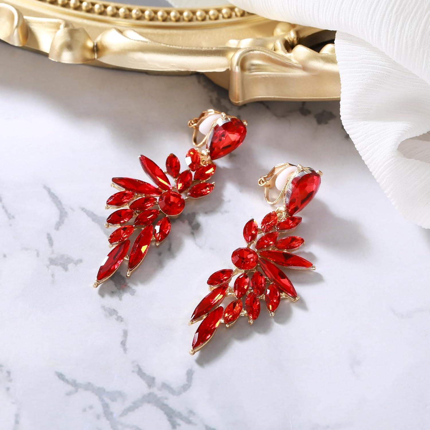 imageBriLove Clipon Earrings for WomenGorgeous Shiny Rhinestones Marquise Cluster Leaf Drop Earring for Wedding Party Prom Jewelry AccessoriesRuby Color GoldTone